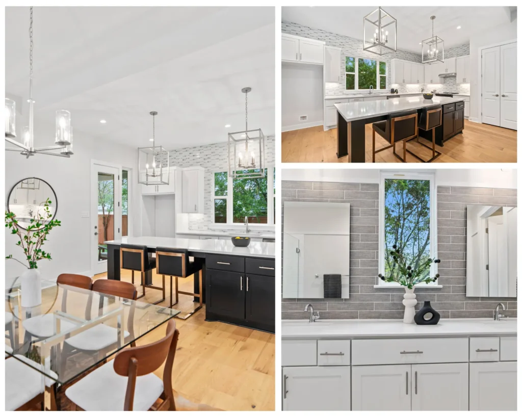 A collage of photos showing the Meadowview collection, which features light hardwood floors, white and black painted kitchen cabinets, grey and white glass mosaic kitchen backsplash, and grey textured bathroom tile.