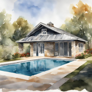 Legacy Casita watercolor with metal roof by pool